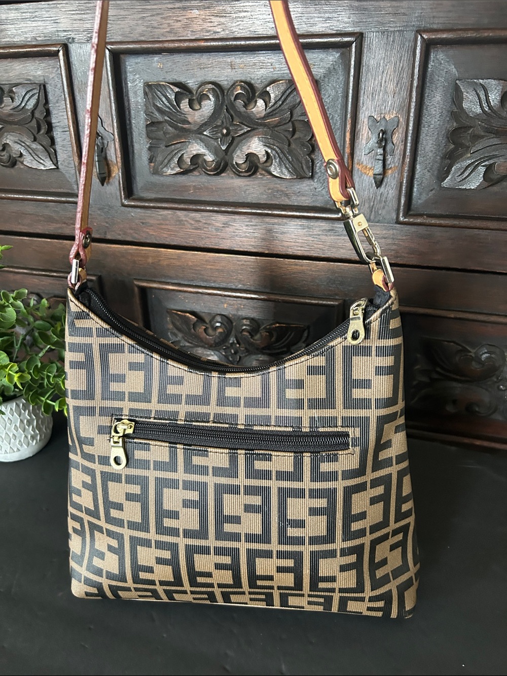 Brown Patterned Shoulder Bag with Leather Strap - Picture 3 of 7